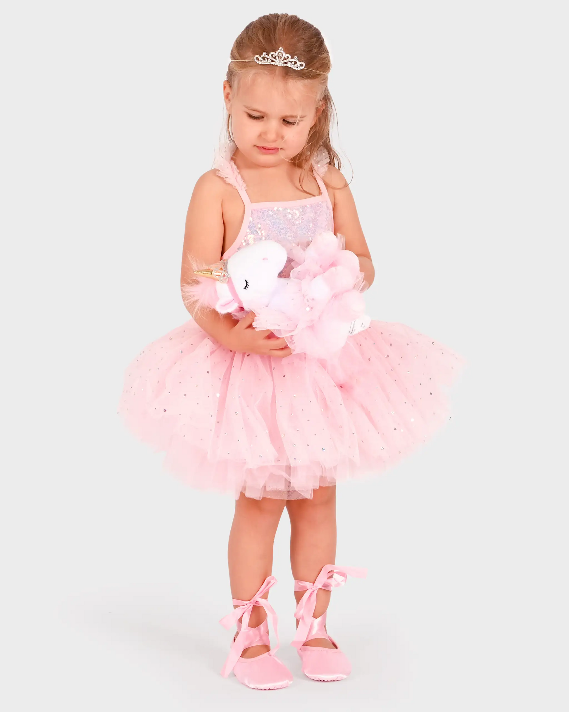 Costum de balerină roz pentru fete 4-6 ani cu tutu, pantofi și set asortat pentru păpușă