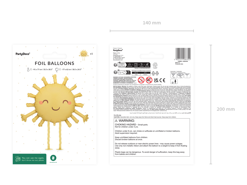 Balon Folie, PartyDeco, Soare, 77x62cm, Galben