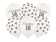 Baloane din latex (6 buc) „Happy 18” si fundite, 30cm, alb pastel/negru