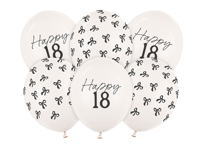 Baloane din latex (6 buc) „Happy 18” si fundite, 30cm, alb pastel/negru