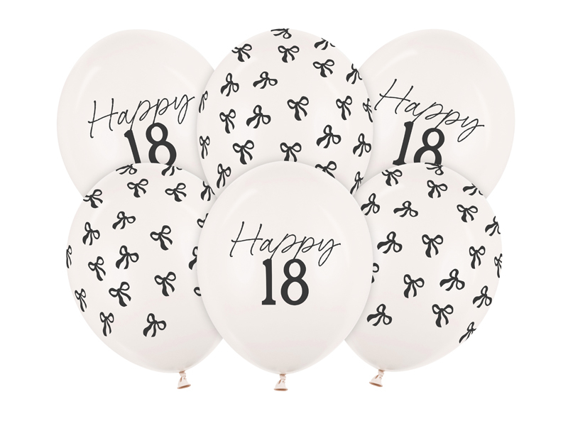Baloane din latex (6 buc) „Happy 18” si fundite, 30cm, alb pastel/negru