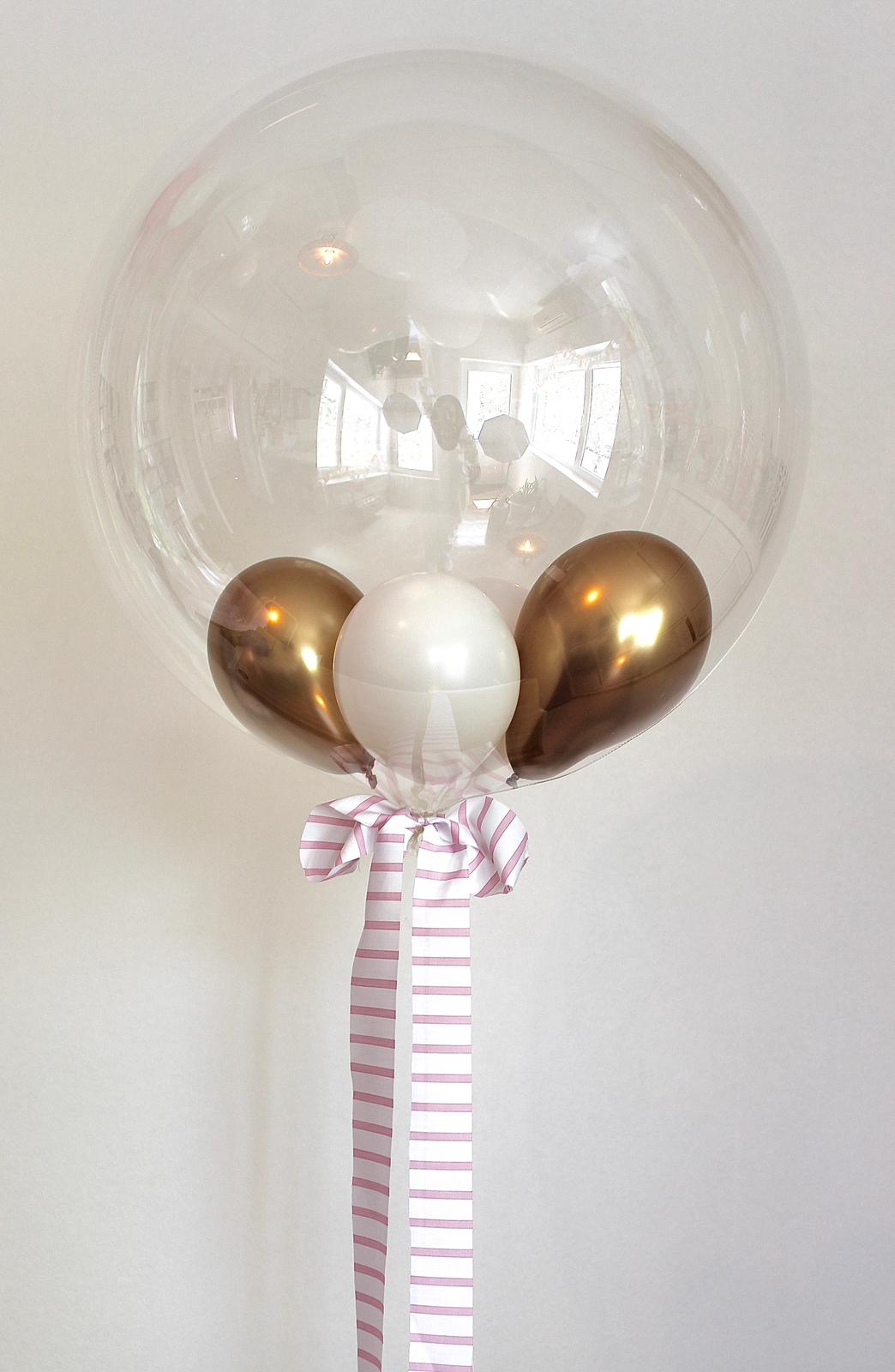 Balon Bobo cu heliu transparent 60 cm, cu baloane mini alb & auriu