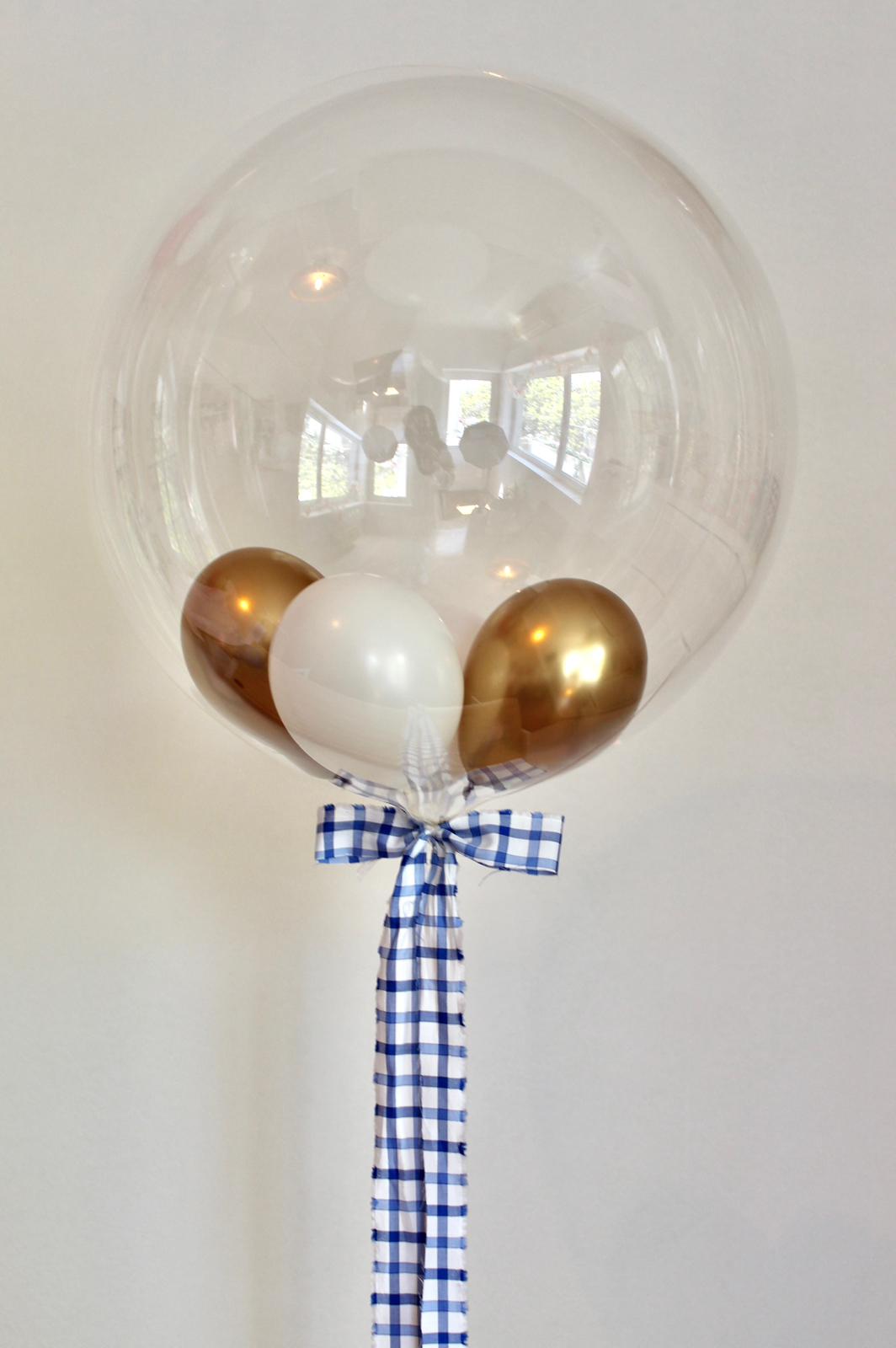 Balon Bobo cu heliu transparent 60 cm, cu baloane mini alb & auriu