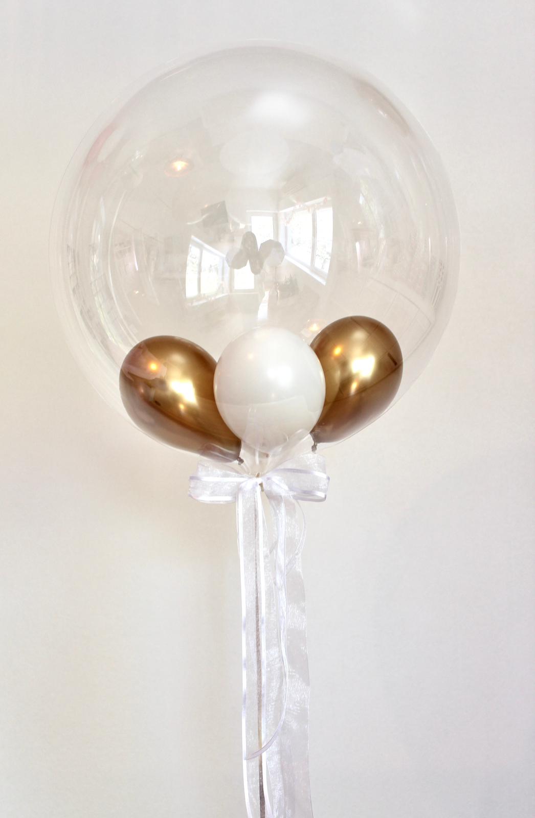 Balon Bobo cu heliu transparent 60 cm, cu baloane mini alb & auriu