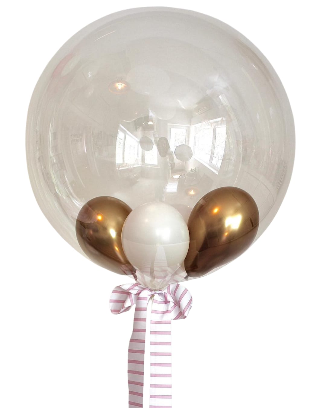 Balon Bobo cu heliu transparent 60 cm, cu baloane mini alb & auriu
