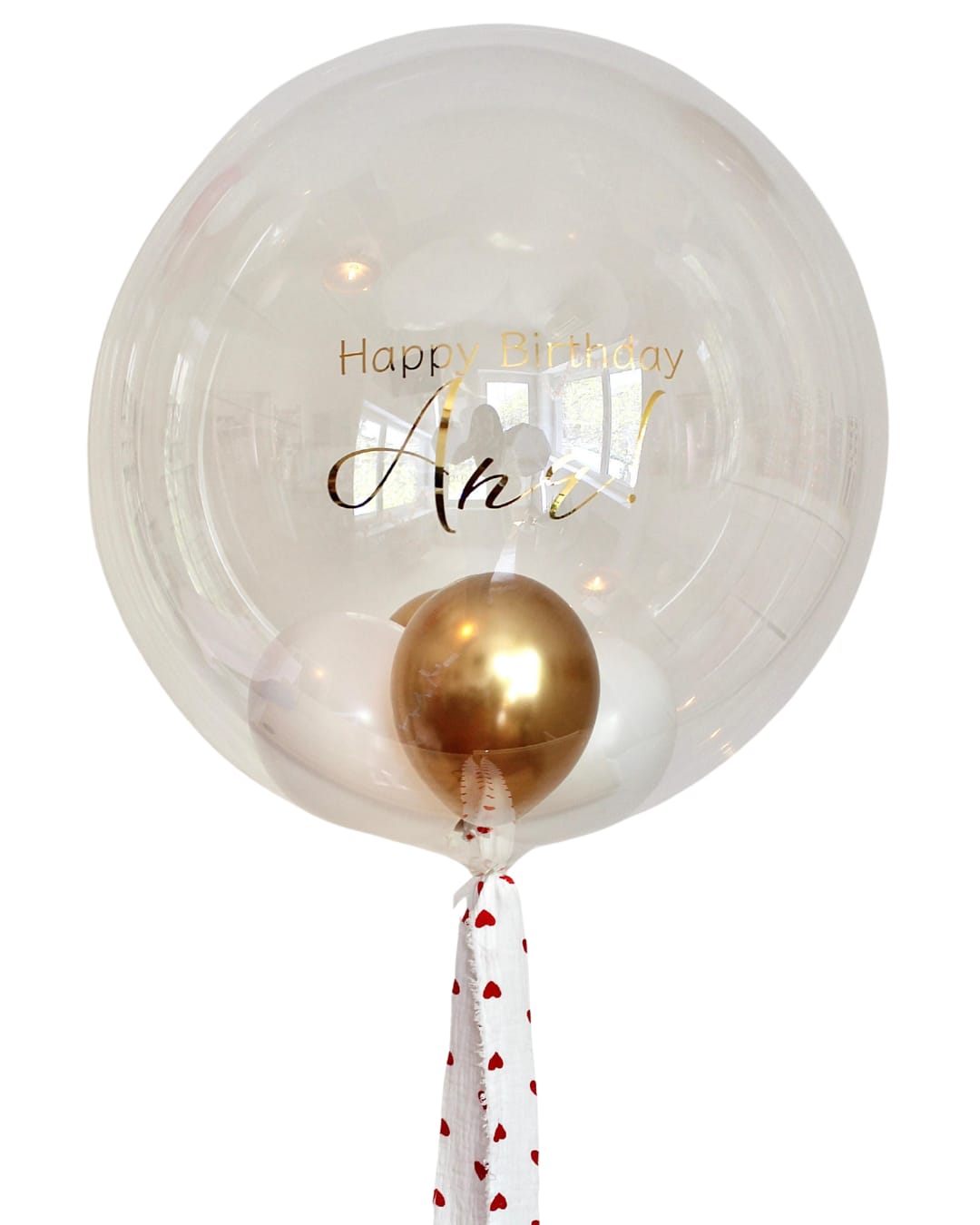 Balon Bobo transparent cu heliu personalizat 60 cm, cu baloane mini alb & auriu