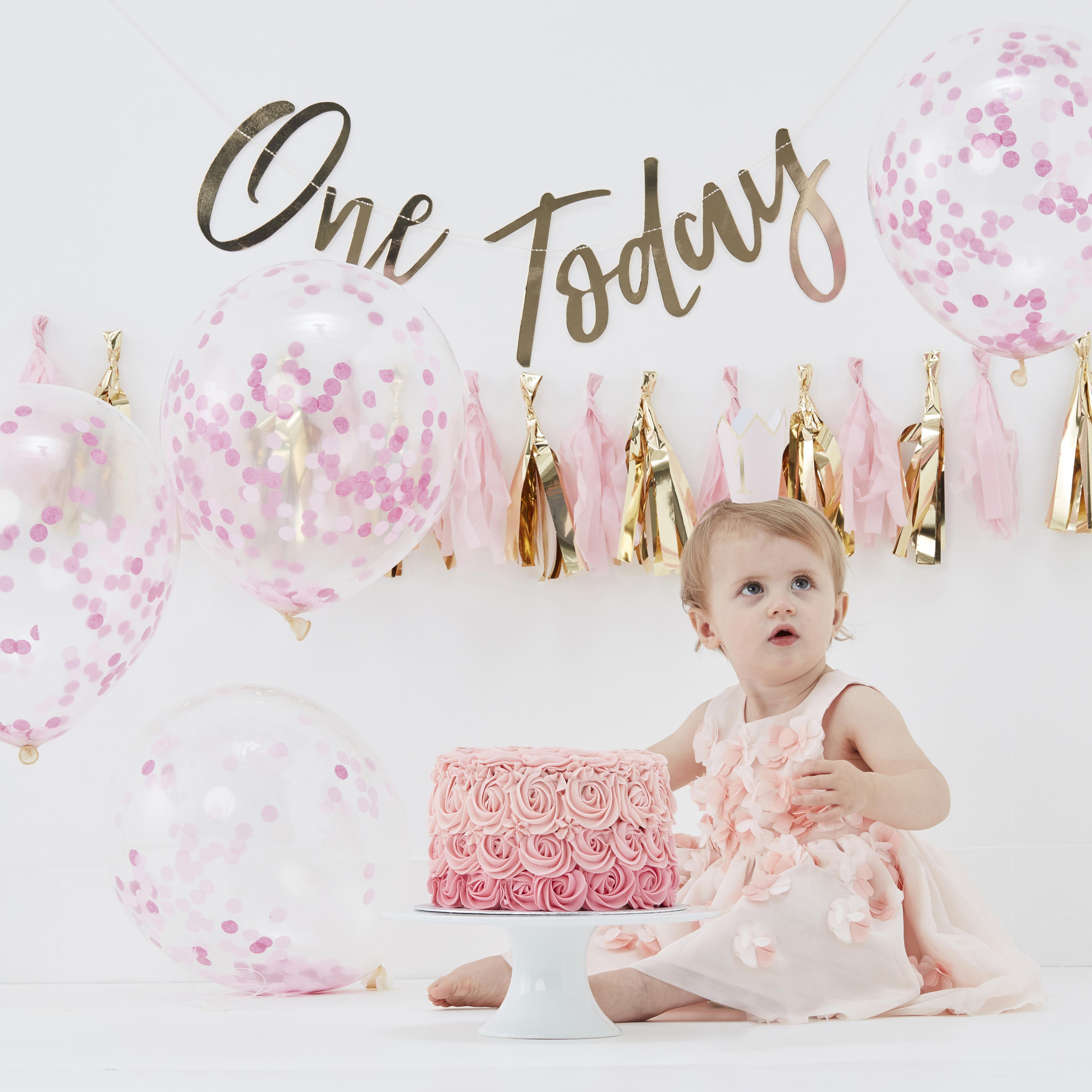 Set aniversare 1 an, Ginger Ray, 5 baloane confetti, banner 'One Today', banner franjuri, coif, Roz si Auriu