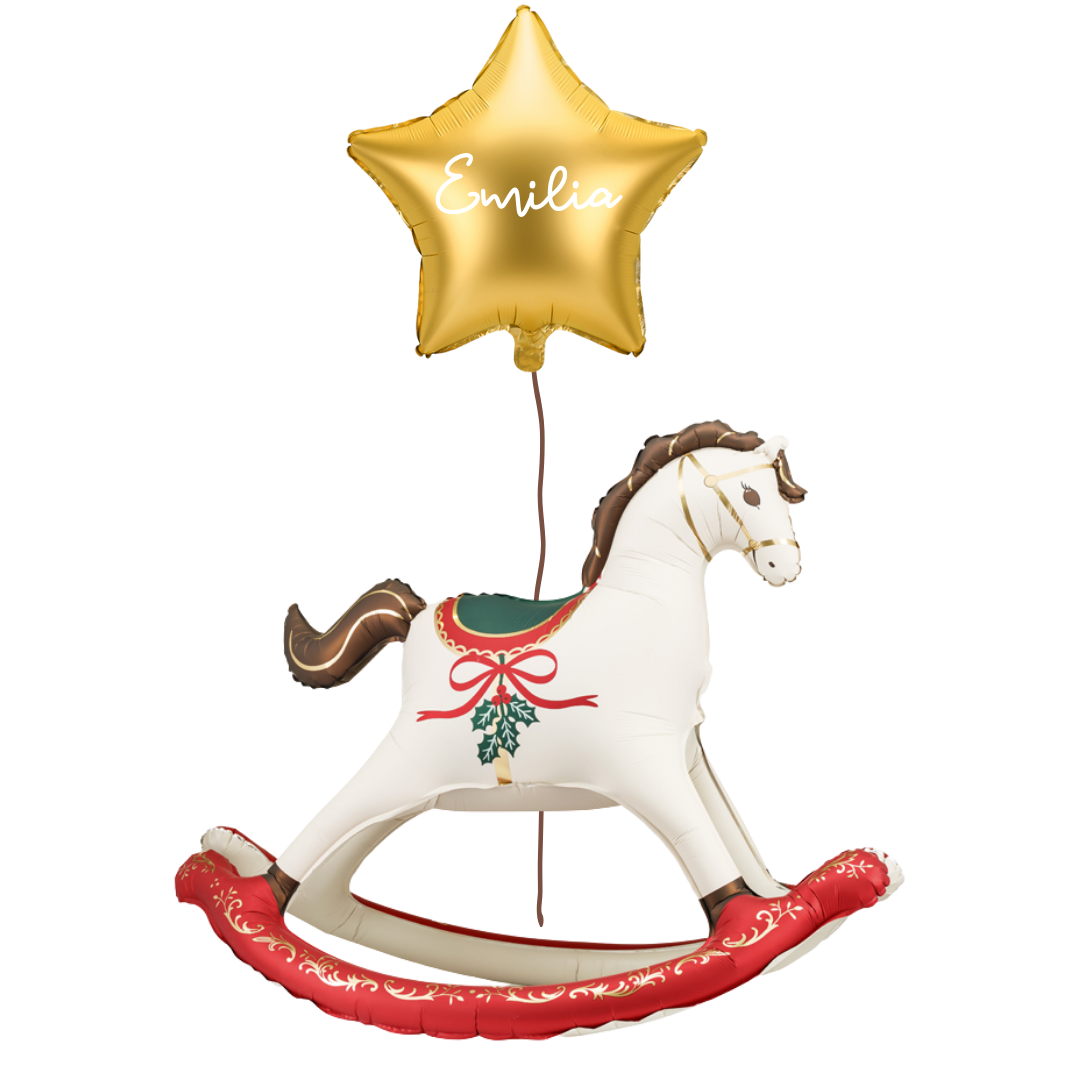 Set Baloane Crăciun - Căluț Balansoar + Stea Personalizată cu Heliu (40 cm), Auriu