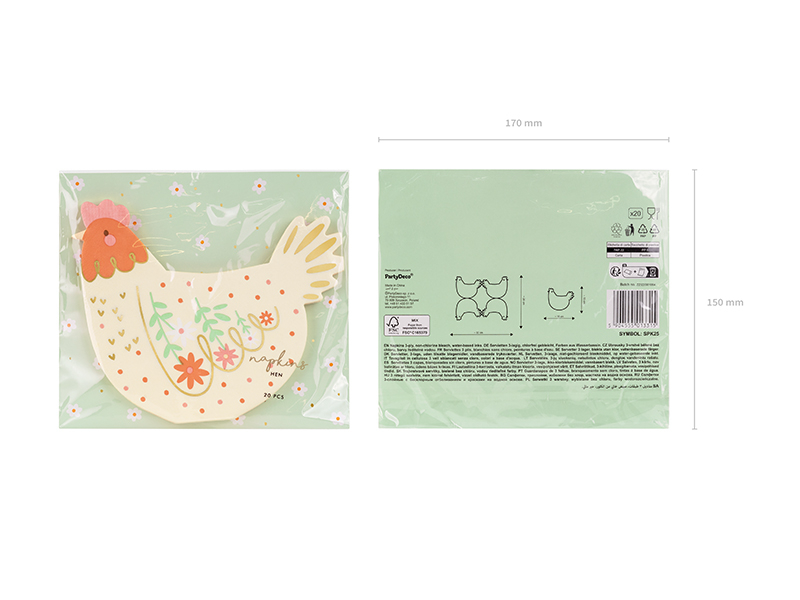 Set 20 Servetele Gaina, Multicolor cu Imprimeu Auriu, 16x13cm