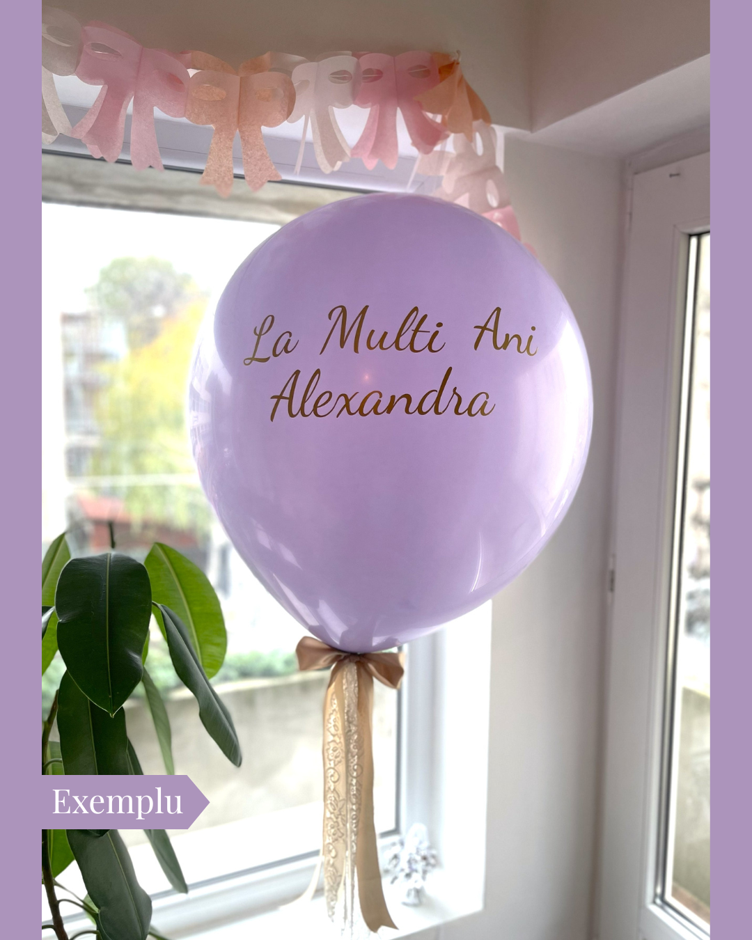 Balon XL (60cm) Roz Deschis, Personalizat, umflat cu heliu Si decorat cu panglici