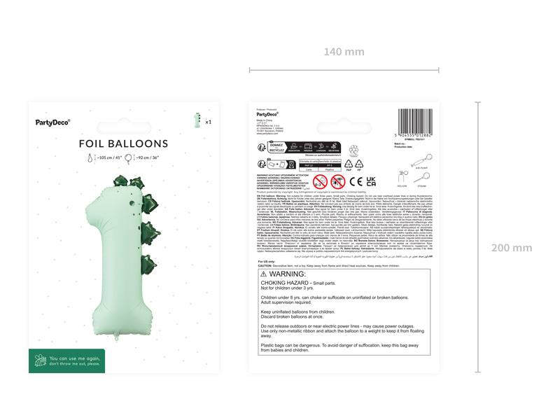 Balon folie cifra 1 Dinozaur (92cm) menta verde