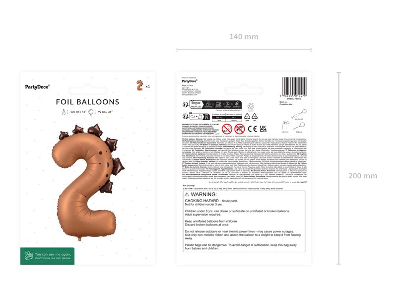 Balon folie cifra 2 Dinozaur (92 cm) maro