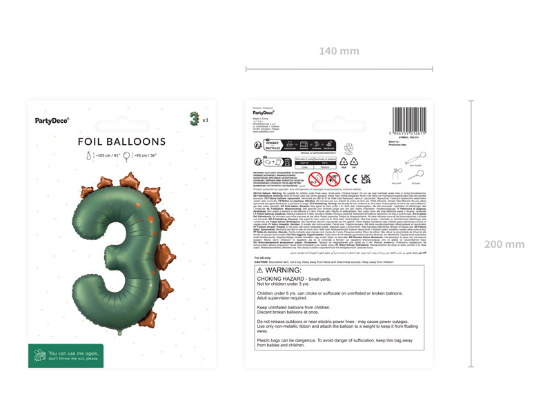 Balon folie cifra 3 Dinozaur (92 cm) verde inchis