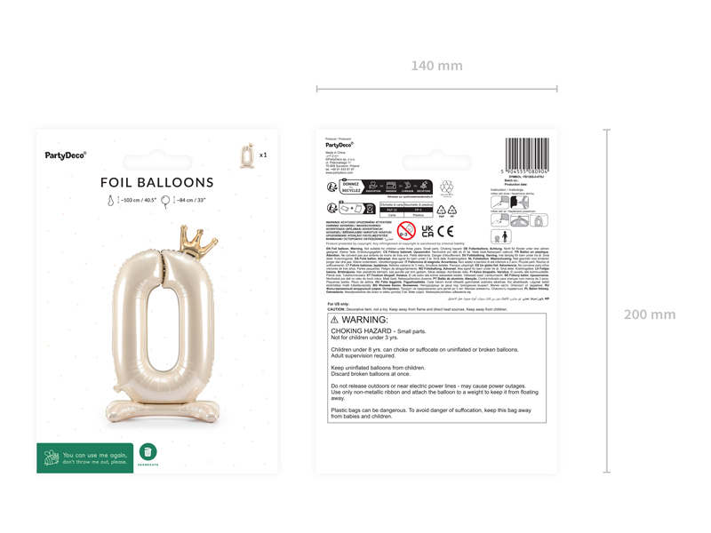 Balon Din Folie Cifra 0, Crem cu Coroana Aurie 84cm