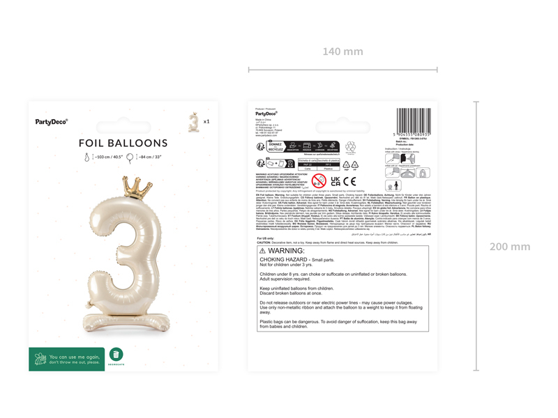 Balon Din Folie Cifra 3, Crem cu Coroana Aurie 84cm
