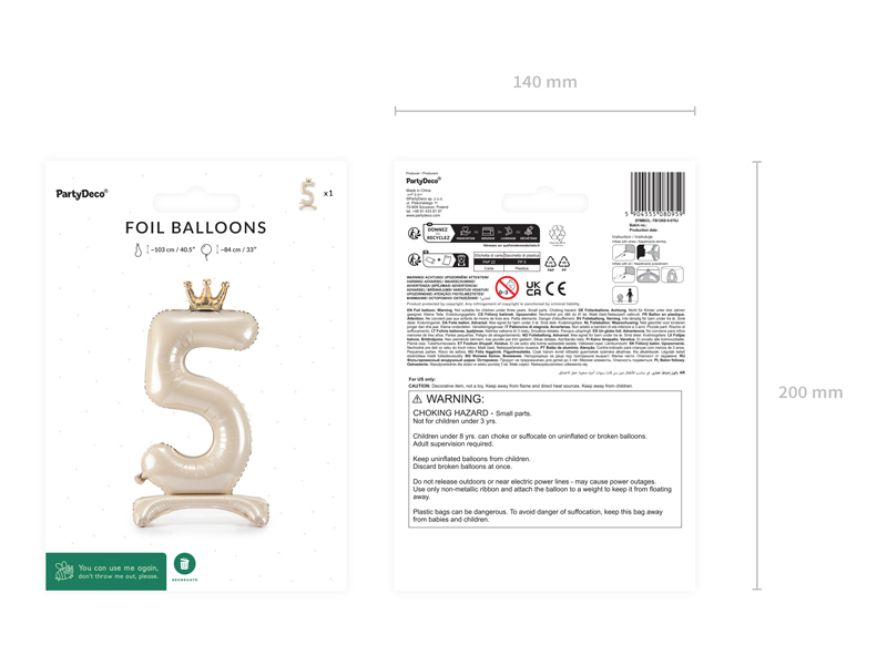 Balon Din Folie Cifra 5, Crem cu Coroana Aurie 84cm