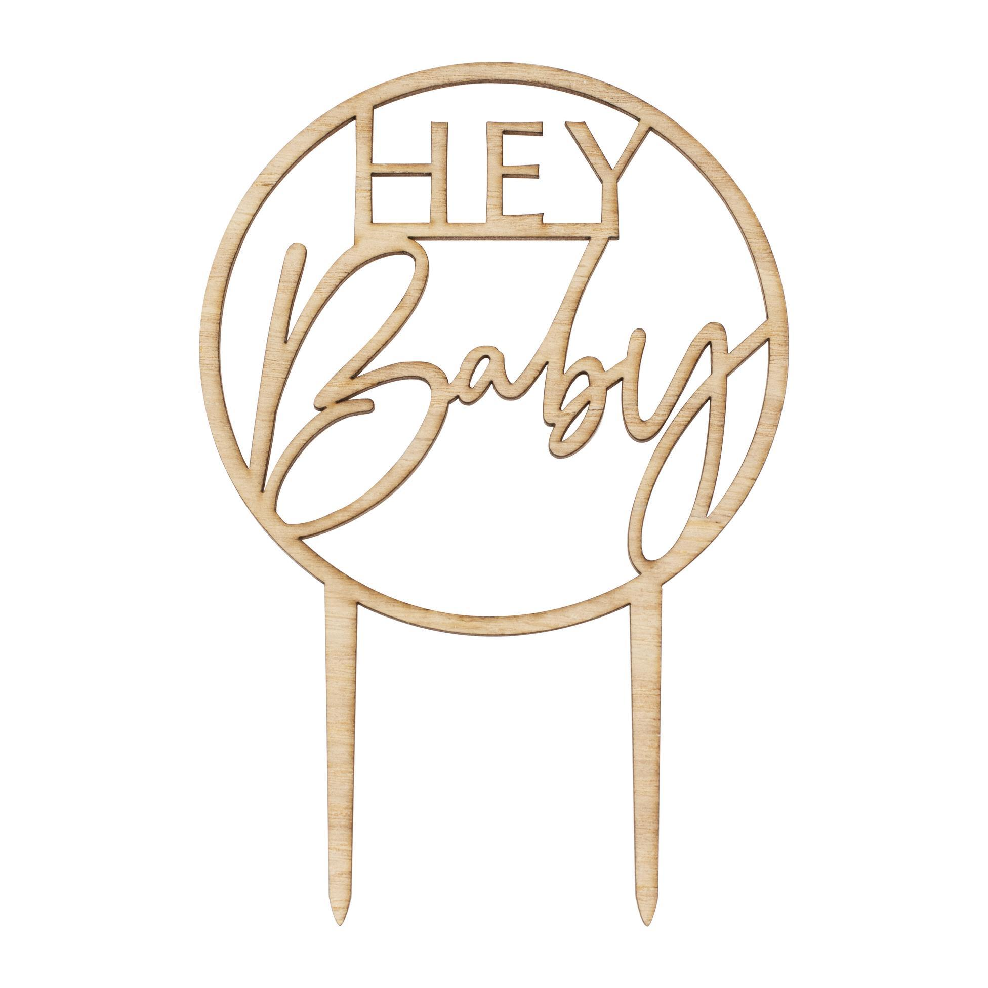 Topper pentru Tort "Hey Baby" din Lemn, Baby Shower, 12x20cm