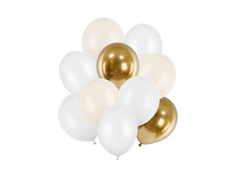 Set baloane 27cm (10 buc) Alb si Auriu PartyDeco