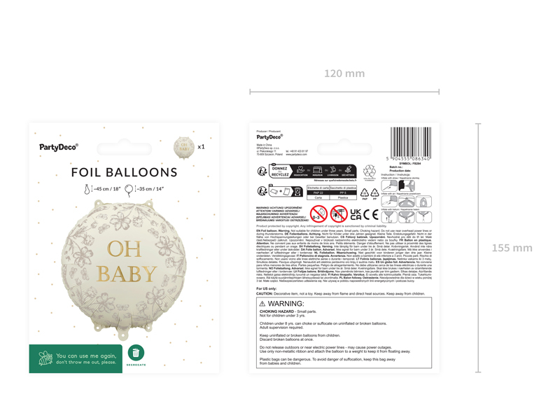 Balon Folie "Oh Baby", 35cm off white/gold