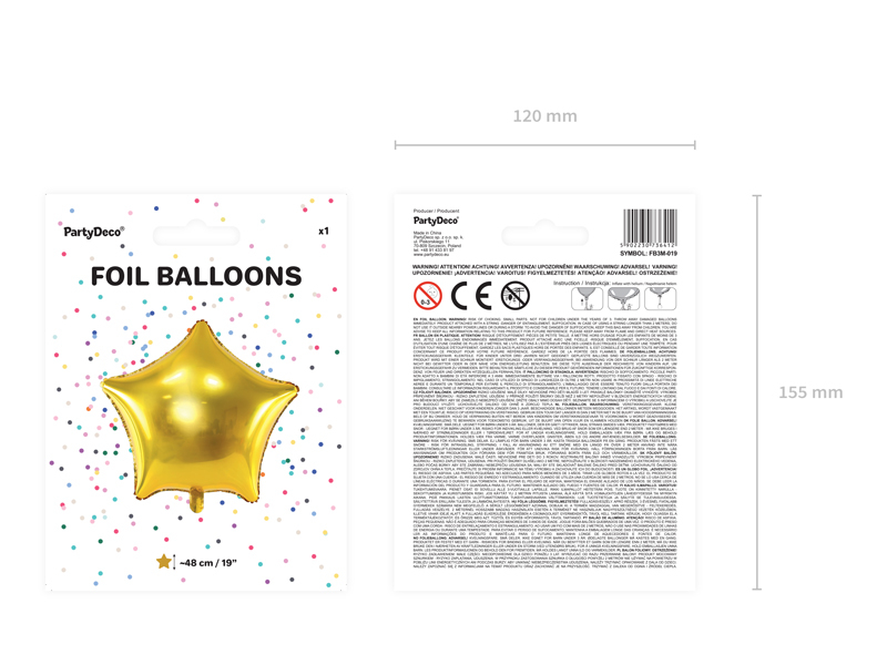 Balon PartyDeco, Model Stea, Folie, 48cm, Auriu
