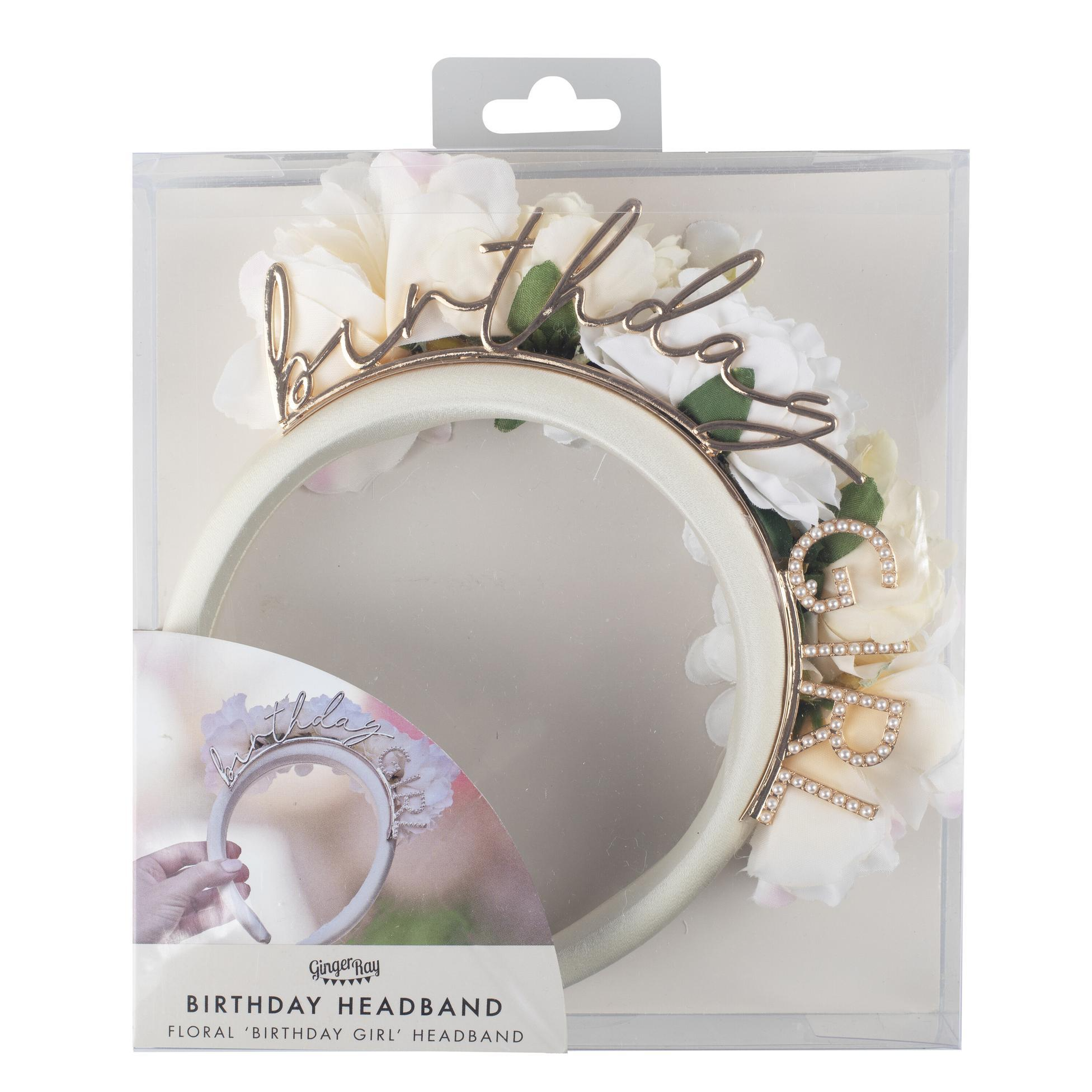 Bentita facuta manual pentru aniversare "birthday girl" Auriu cu cu perle si flori albe