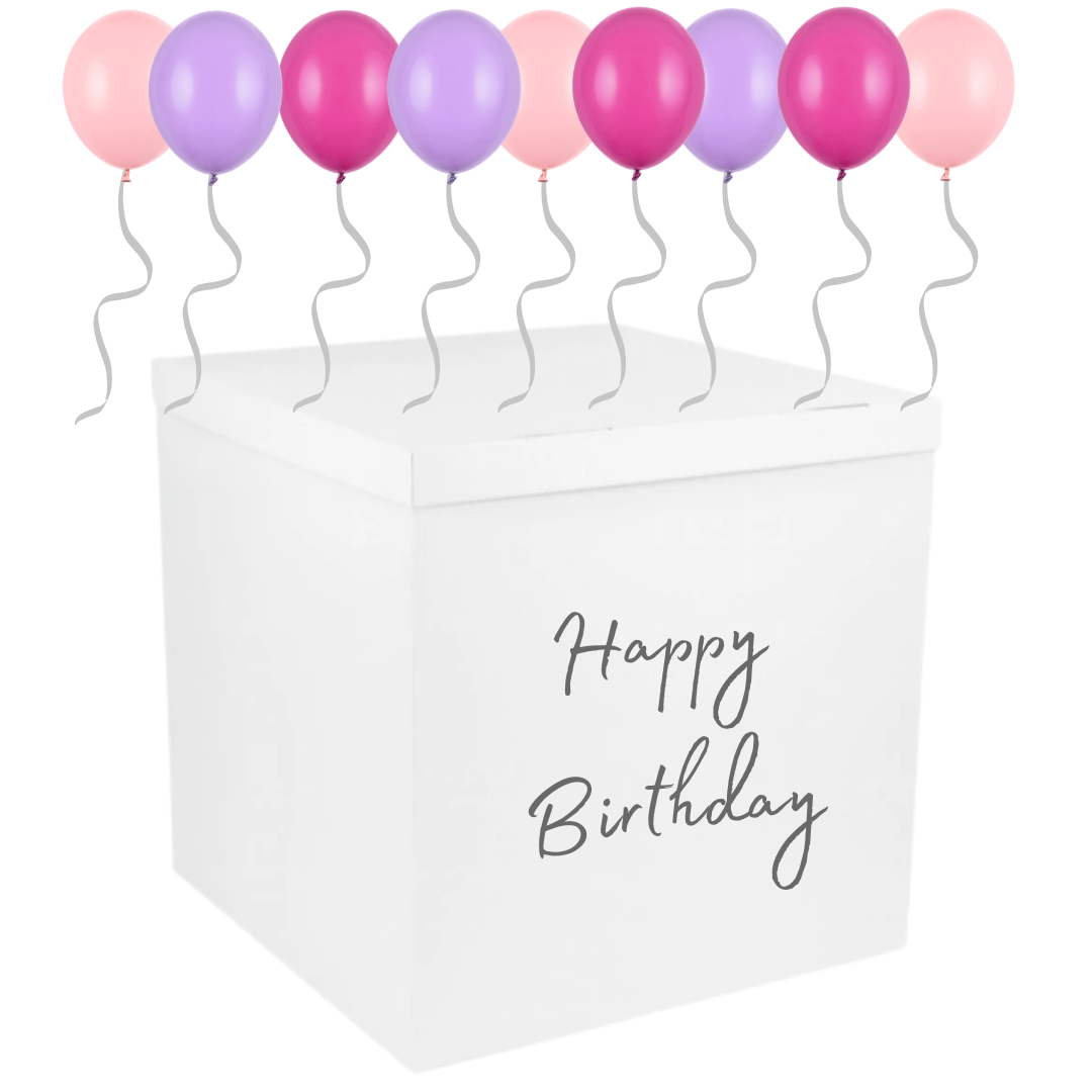 🎂 Cutie Happy Birthday (70x70x70 cm) cu 40 Baloane Roz & Mov cu Heliu – Ridicare Personală