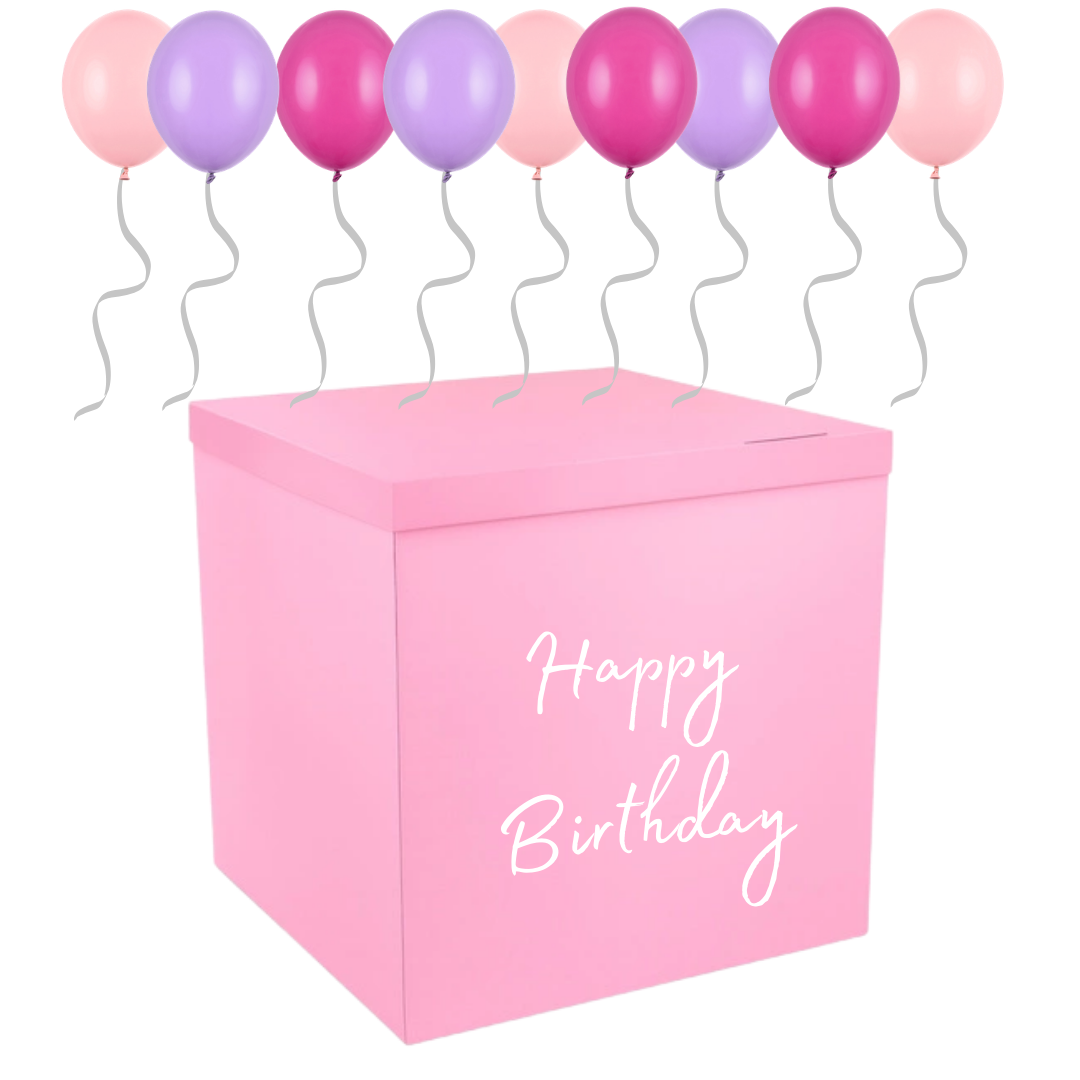 🎂 Cutie Roz (70x70x70 cm) Happy Birthday cu 40 Baloane Roz & Mov cu Heliu – Ridicare Personală