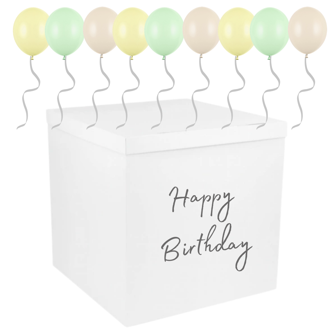 Cutie Albă Happy Birthday (70x70x70 cm) cu 40 Baloane Verde, Galben & Bej – Ridicare Personală