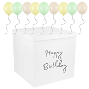 Cutie Albă Happy Birthday (70x70x70 cm) cu 40 Baloane Verde, Galben & Bej – Ridicare Personală