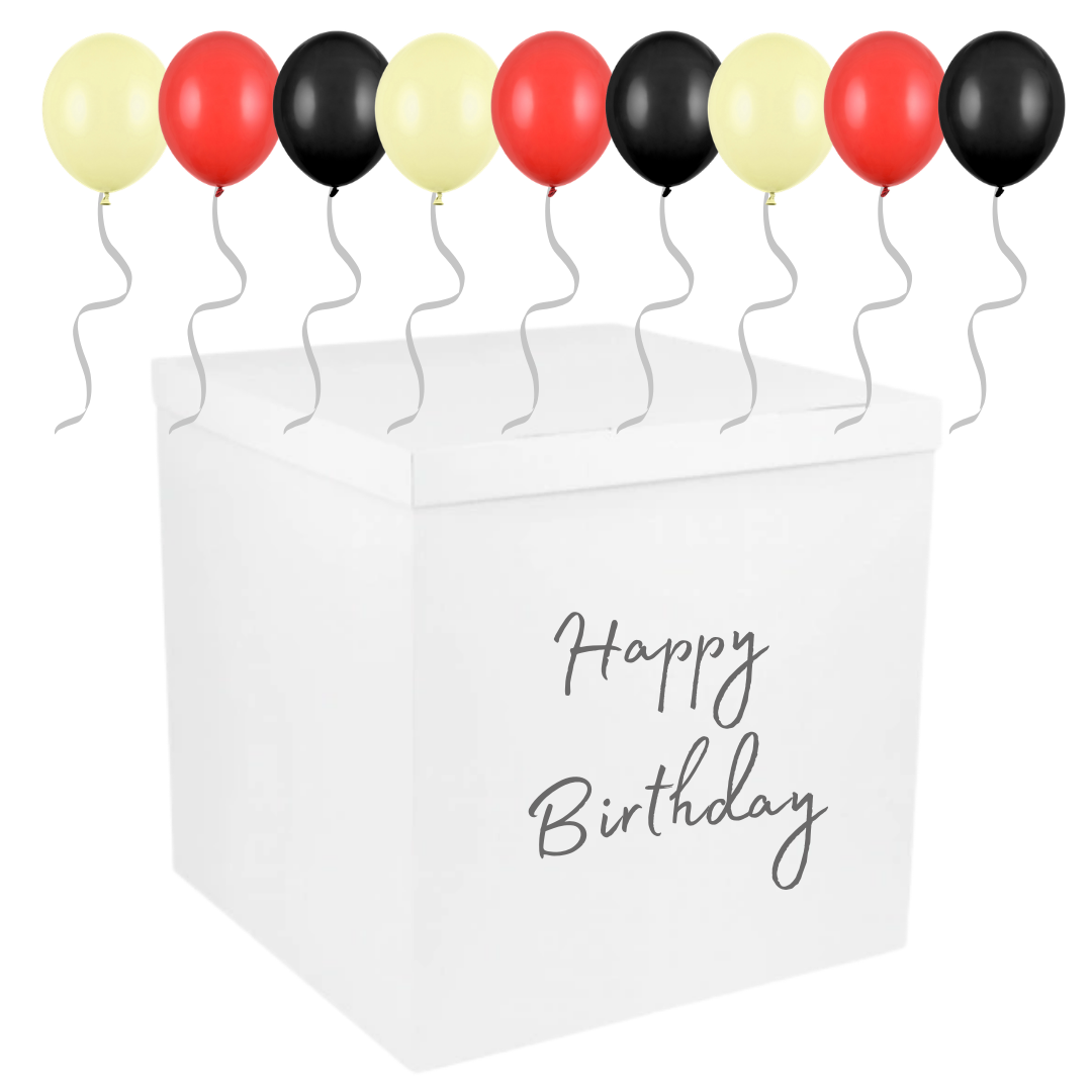 🎉 Cutie Albă Happy Birthday (70x70x70 cm) cu 40 Baloane Negre, Galben& Roșii – Ridicare Personală