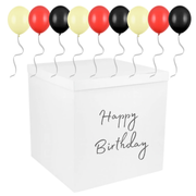 🎉 Cutie Albă Happy Birthday (70x70x70 cm) cu 40 Baloane Negre, Galben& Roșii – Ridicare Personală