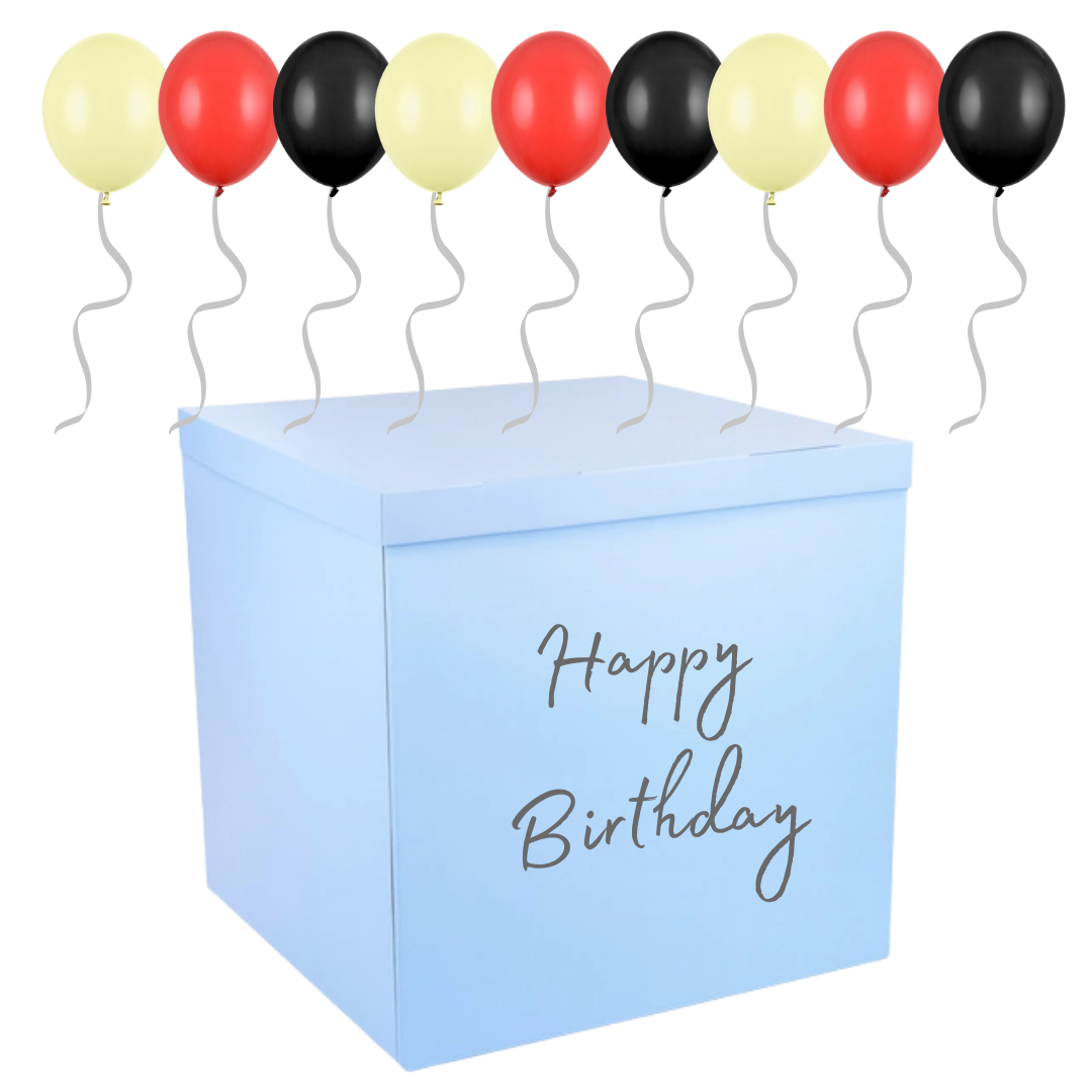 🎉 Cutie Albastră (70x70x70 cm) Happy Birthday cu 40 Baloane Negre, Galben& Roșii – Ridicare Personală