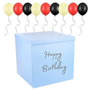 🎉 Cutie Albastră (70x70x70 cm) Happy Birthday cu 40 Baloane Negre, Galben& Roșii – Ridicare Personală