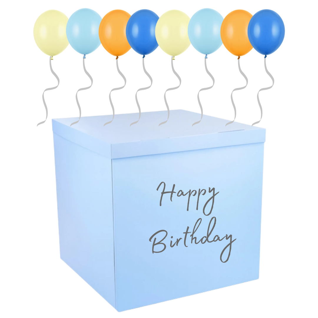 🎉 Cutie Albastră Happy Birthday (70x70x70 cm) cu 40 Baloane Albastre, Galben & Portocalii – Ridicare Personală