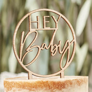 Topper pentru Tort "Hey Baby" din Lemn, Baby Shower, 12x20cm