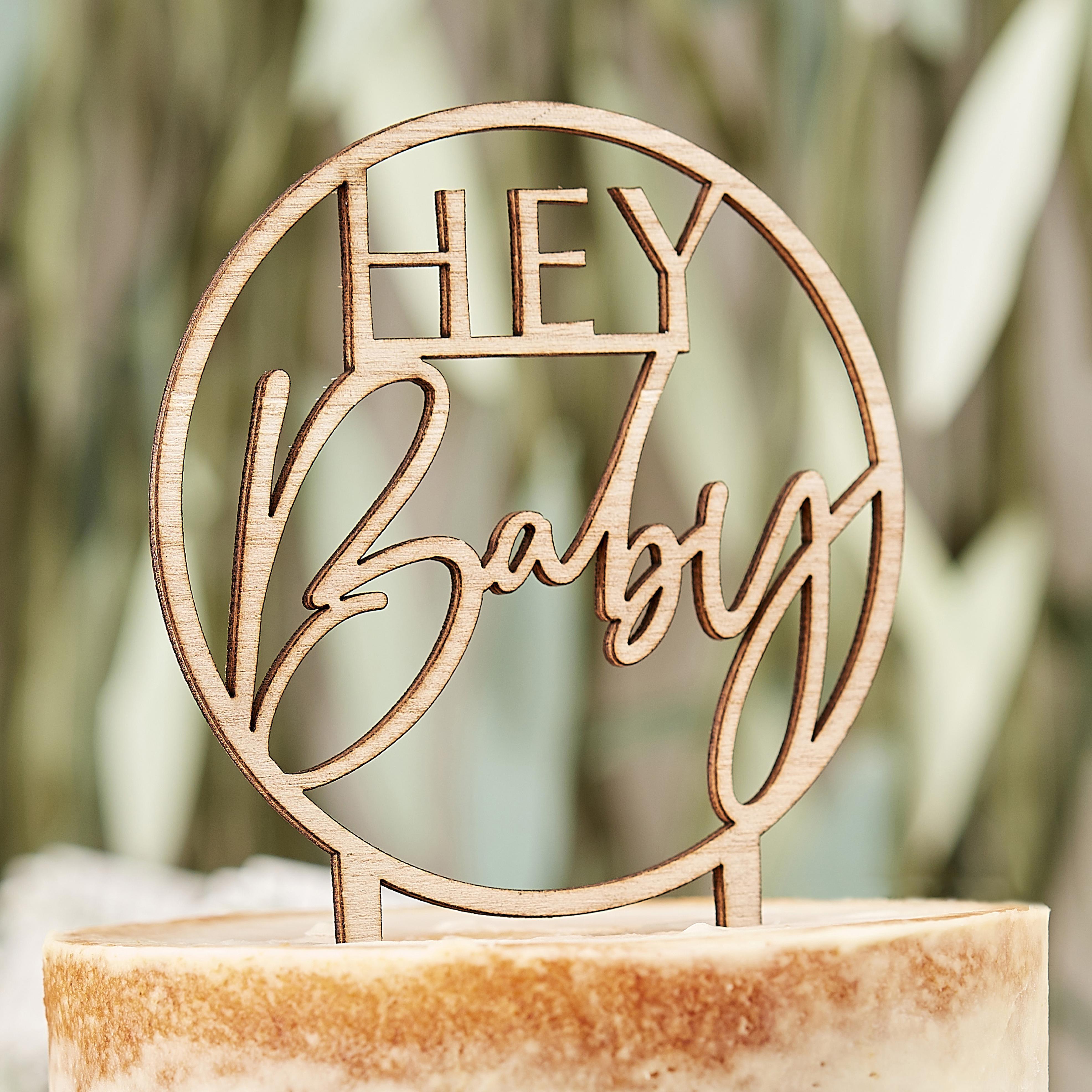 Topper pentru Tort "Hey Baby" din Lemn, Baby Shower, 12x20cm