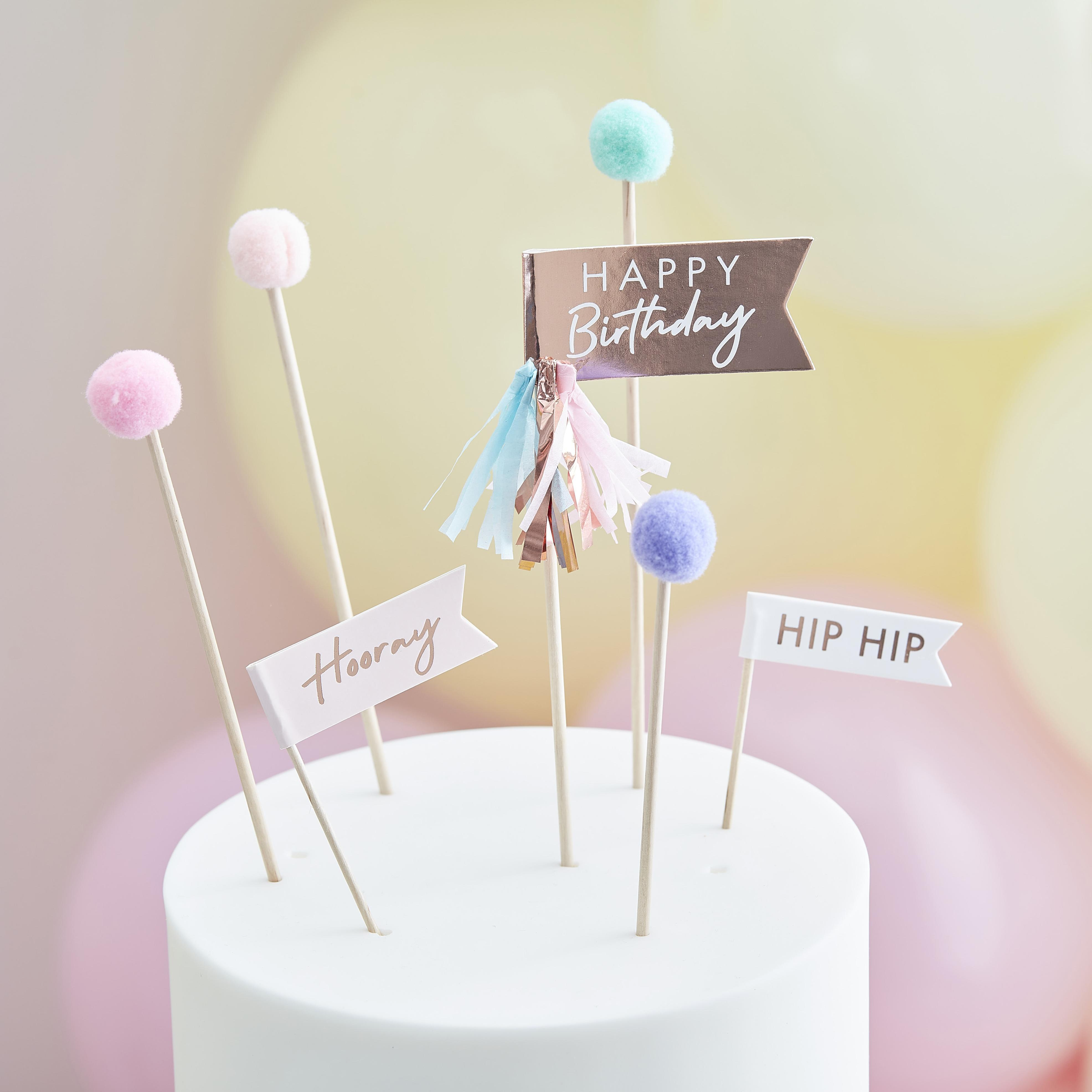 Toppers Tort Pom Pom Happy Birthday, pastel/roz auriu