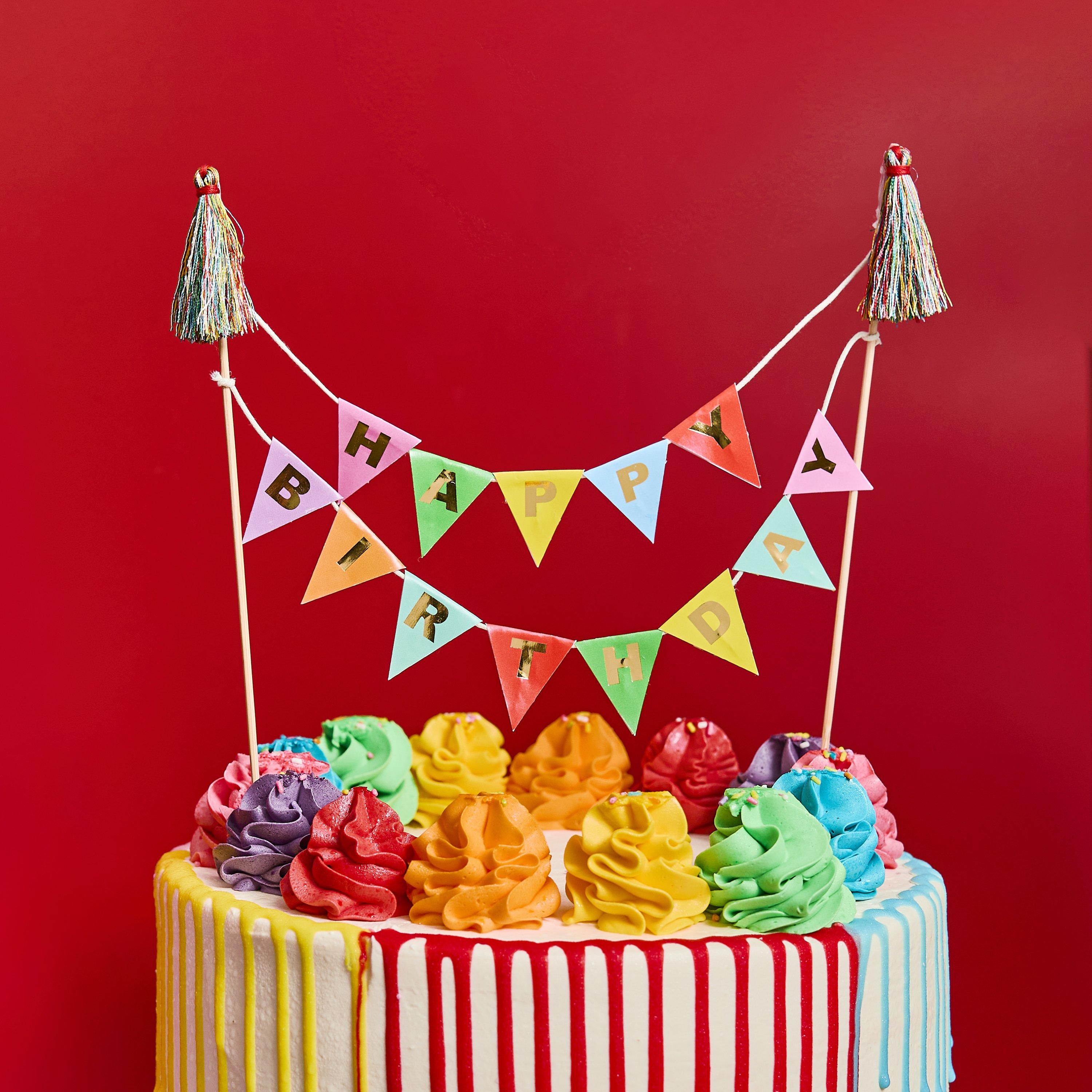 Topper Tort Banner „Happy Birthday” cu Ciucuri, multicolor Curcubeu