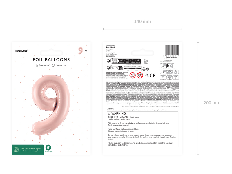 Balon din Folie Cifra 9 Roz Deschis 72 cm