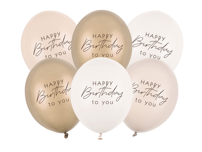 Baloane din latex (6 buc) „Happy Birthday”, mix bej elegant, 30 cm