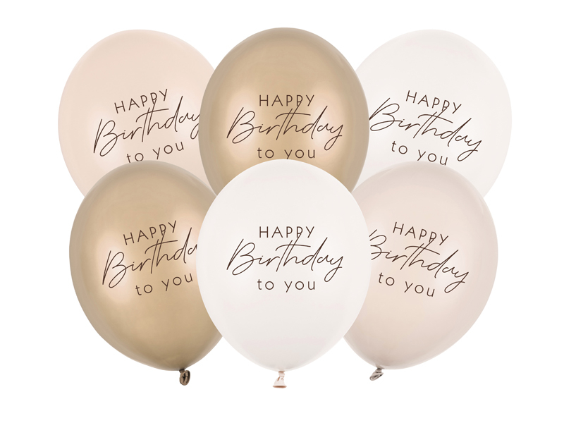 Baloane din latex (6 buc) „Happy Birthday”, mix bej elegant, 30 cm