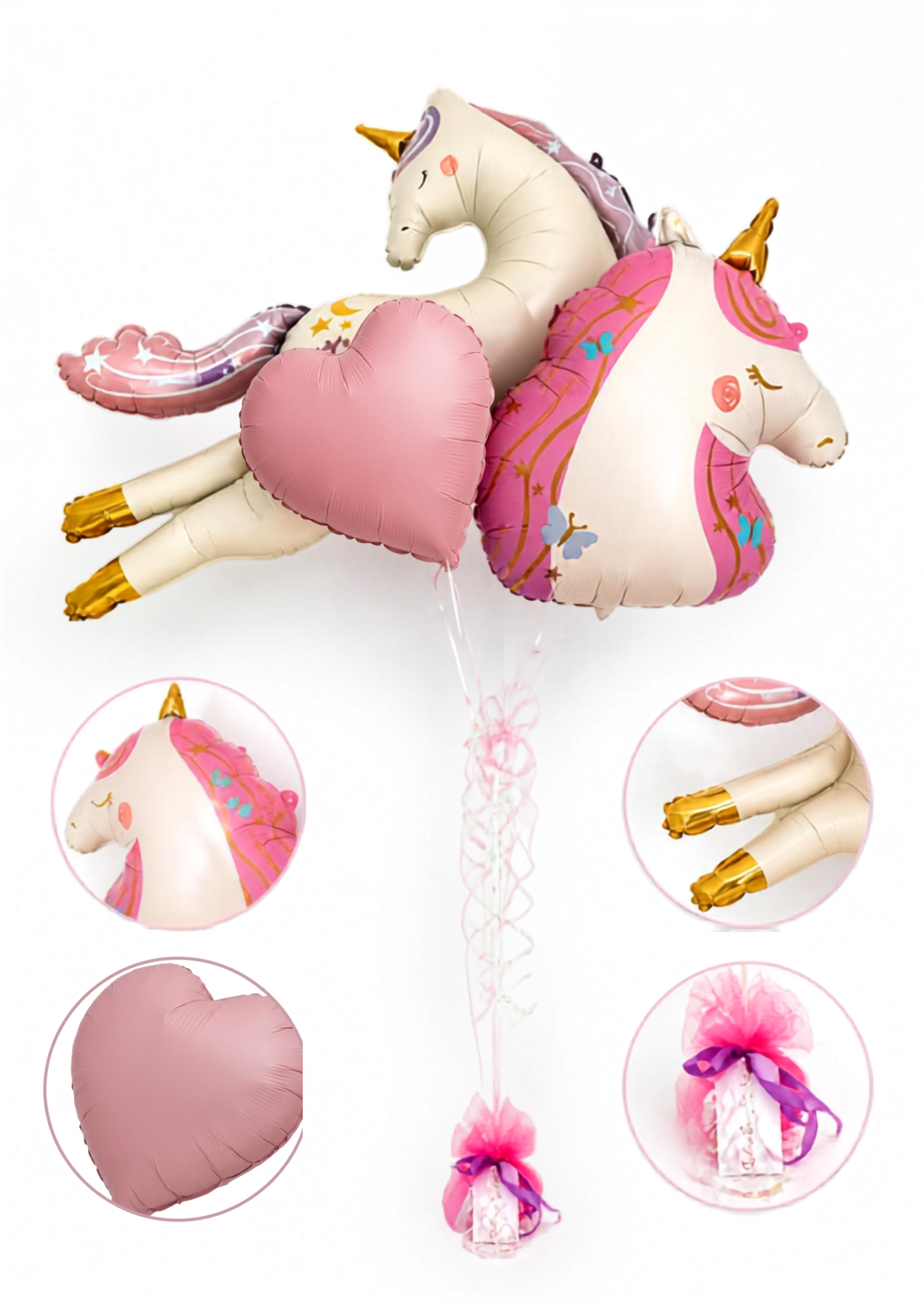 Set baloane Unicorn, Roz & Auriu, cu heliu