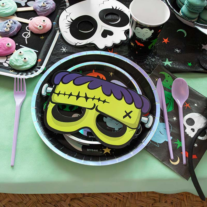 Set 6 măști Halloween pentru copii din carton cu elastic, două dovleci, două Frankenstein, vampir și schelet