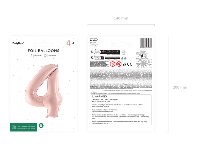Balon din Folie Cifra 4 Roz Deschis 72 cm