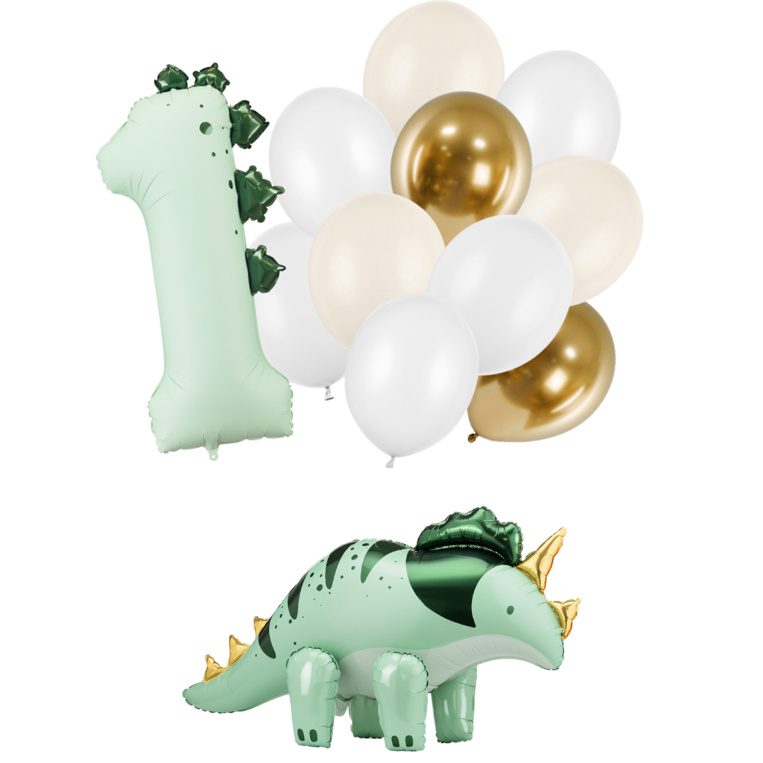Buchet de baloane cu heliu si standing (3 buc) Prima aniversare Dinozauri 🦖