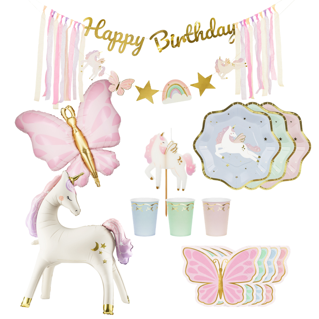 Ofertă specială - Set petrecere (6 copii) „Unicorn & Fluture” roz-auriu