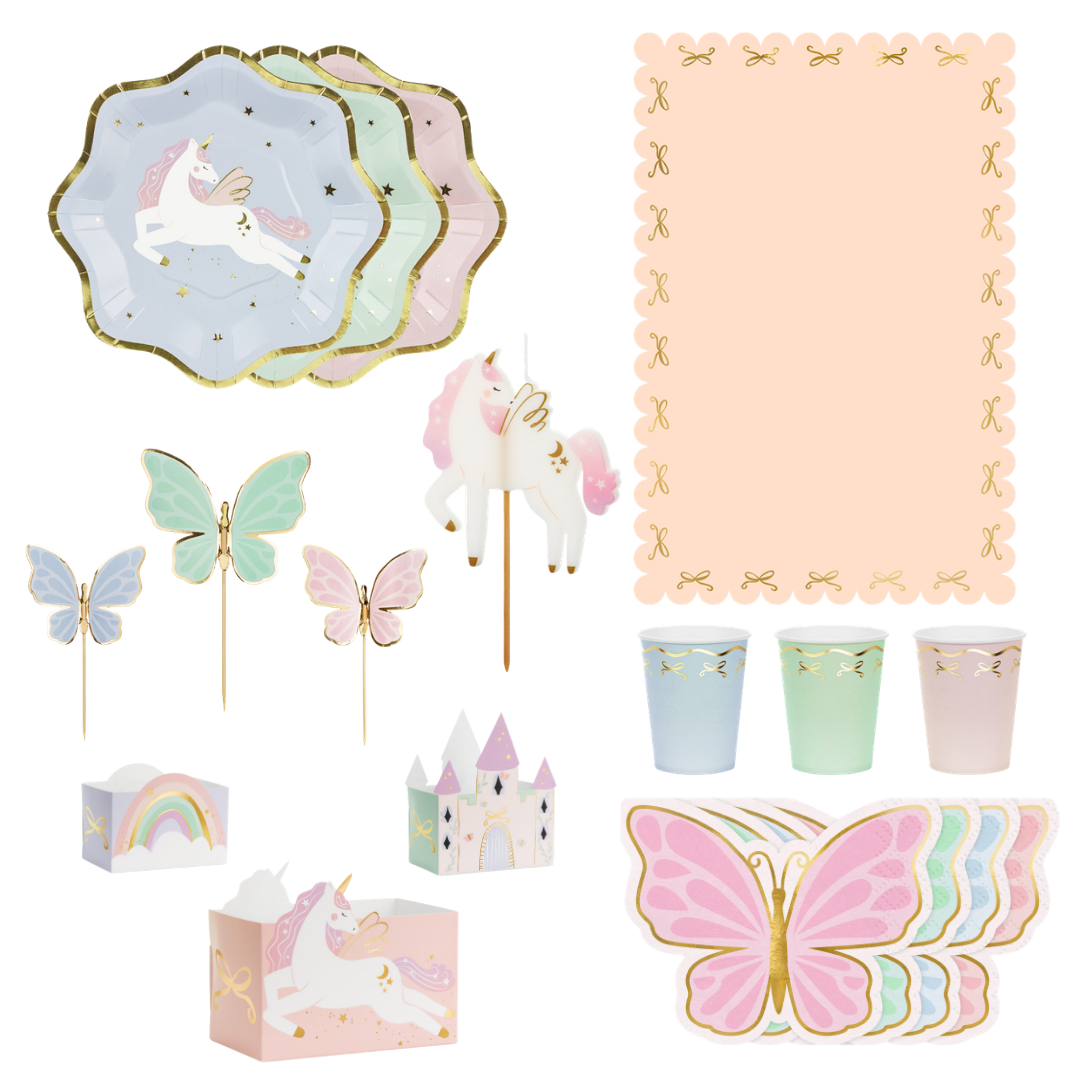 Ofertă specială - Set masă petrecere „Unicorn & Fluture” roz-auriu (6 copii)