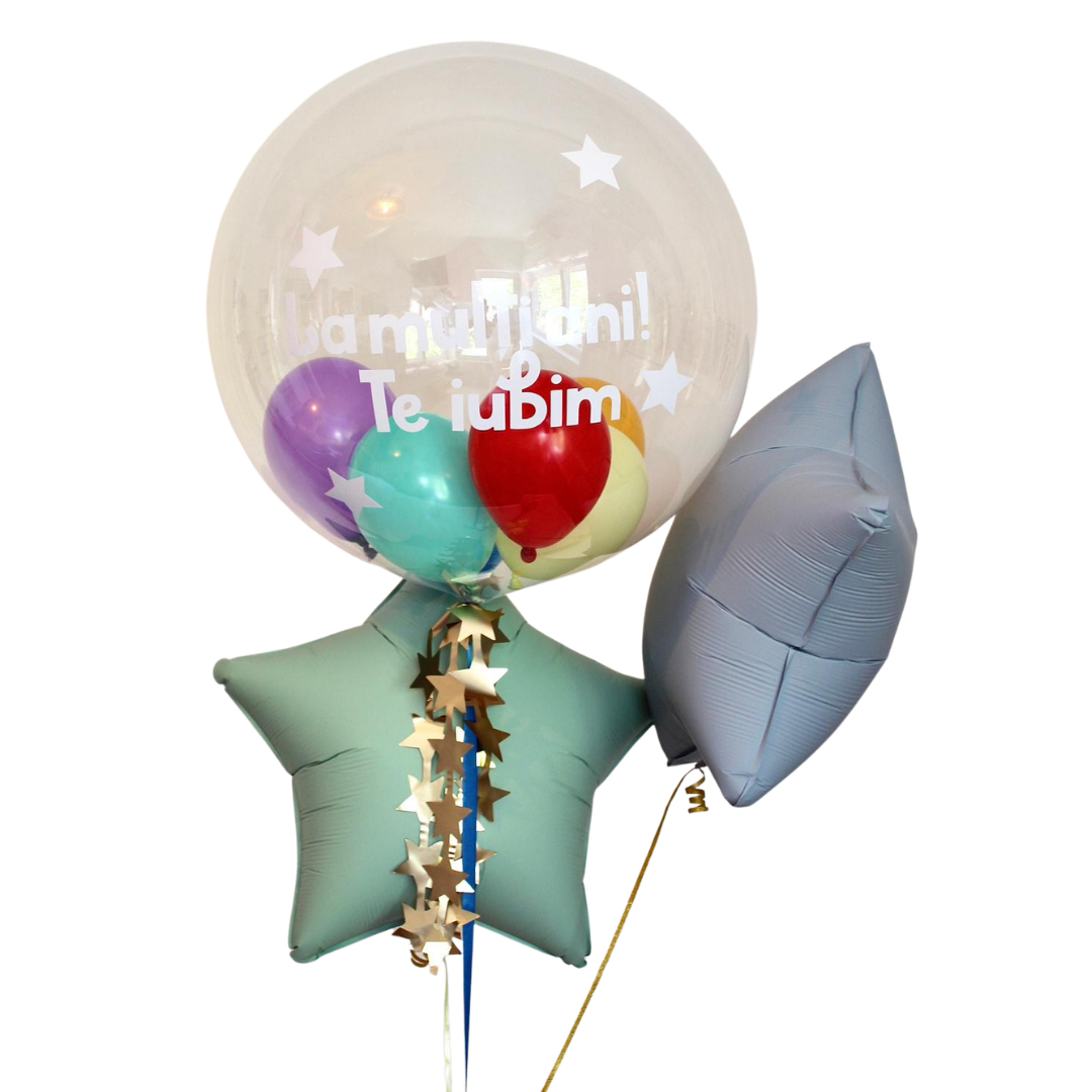 Set baloane cu heliu Bobo (60cm) personalizat + stele folie pastel (40cm)