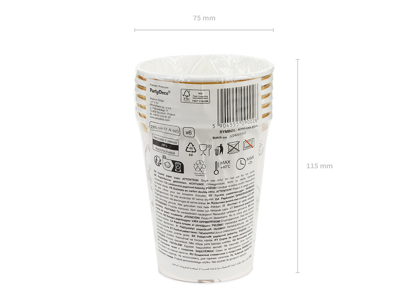 Pahare din hartie (6 buc) bej cu flori maro inchis si imprimeu auriu, 220 ml