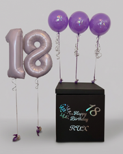 Aranjament Baloane Majorat 18 Ani cu Cutie Personalizată – Mov
